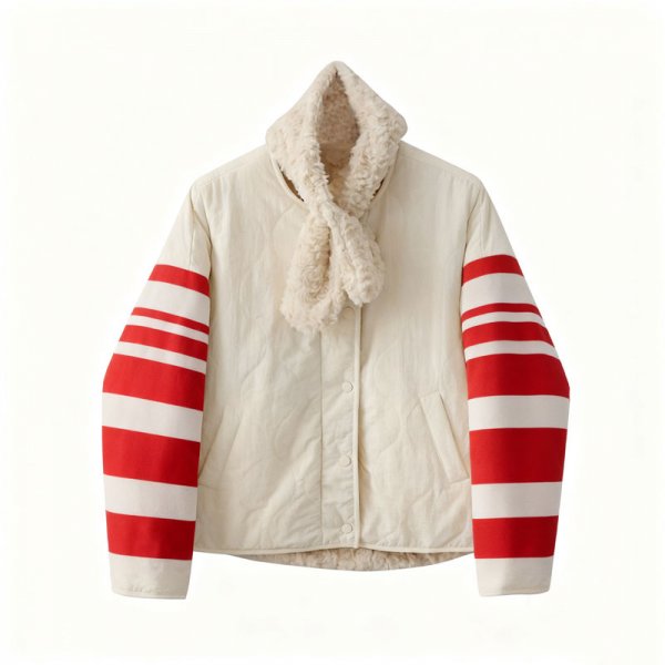 Women's Cream Quilted Jacket with Red & White Stripe Sleeve Detail