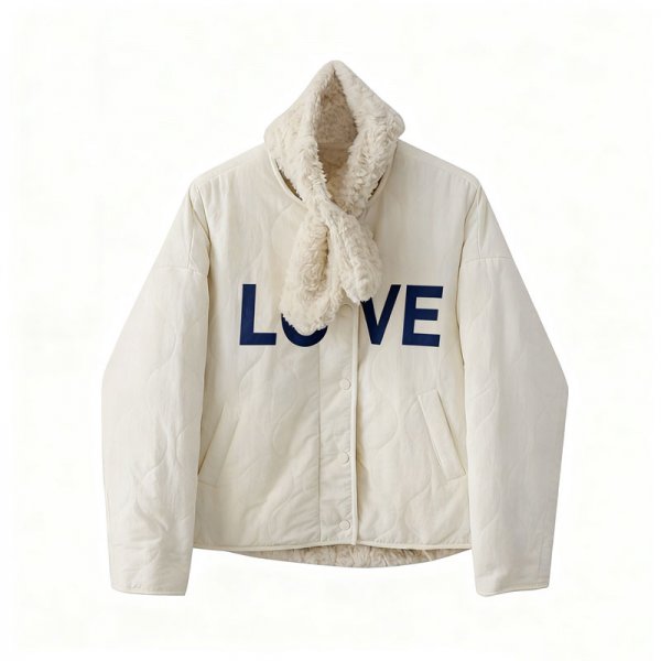 Women's Cream Quilted Jacket with "LOVE" Letter Print & Faux Fur Collar