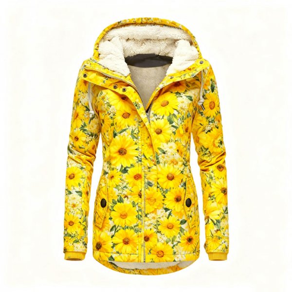 Women's Yellow Sunflower Print Fleece-Lined Hooded Jacket