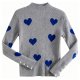 Women's Gray Ribbed Turtleneck Sweater with Blue Heart Print
