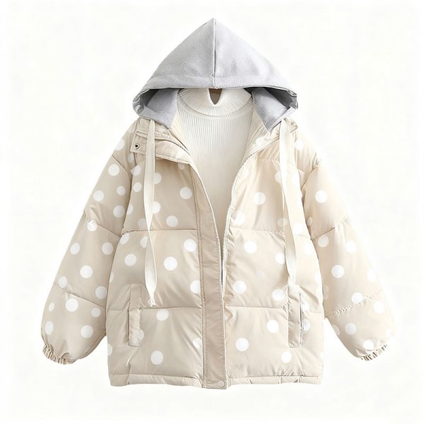 Women's Classic White Polka Dot Print Contrast Hood Puffer Jacket