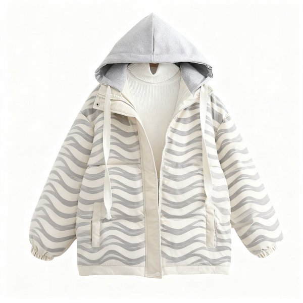 Women's Minimalist Gray Wave Print Contrast Hood Puffer Jacket