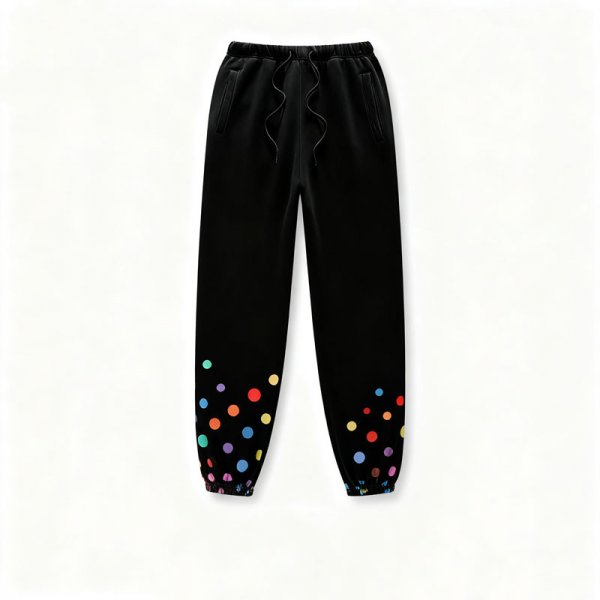 Women's Black Sweatpants with Colorful Polka Dot Cuff Accents