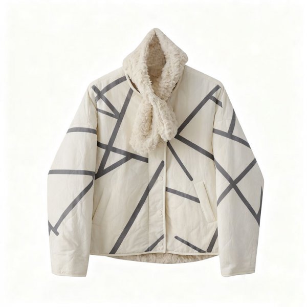 Women's Minimalist Geometric Line Print Cream Quilted Jacket