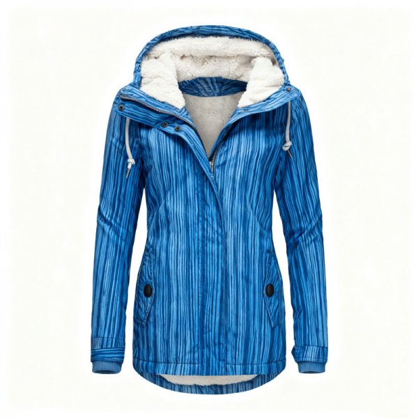 Women's Blue Striped Fleece-Lined Hooded Jacket