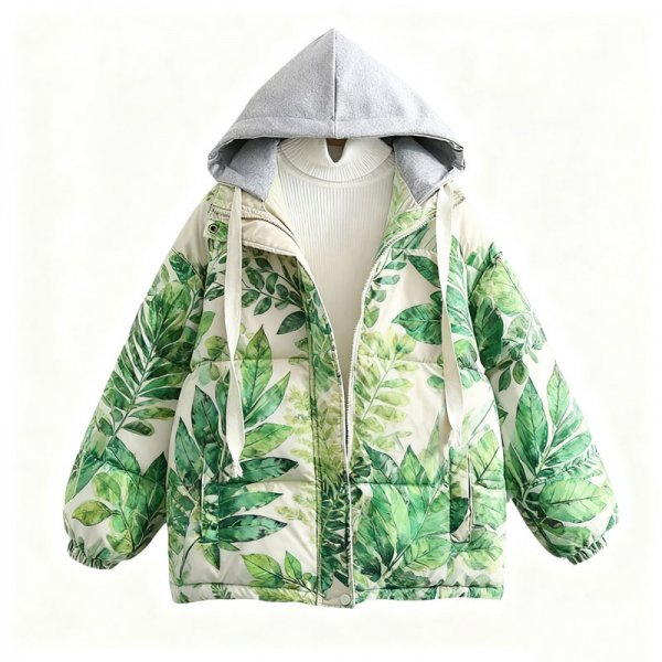 Women's Fresh Green Leaf Print Contrast Hood Puffer Jacket